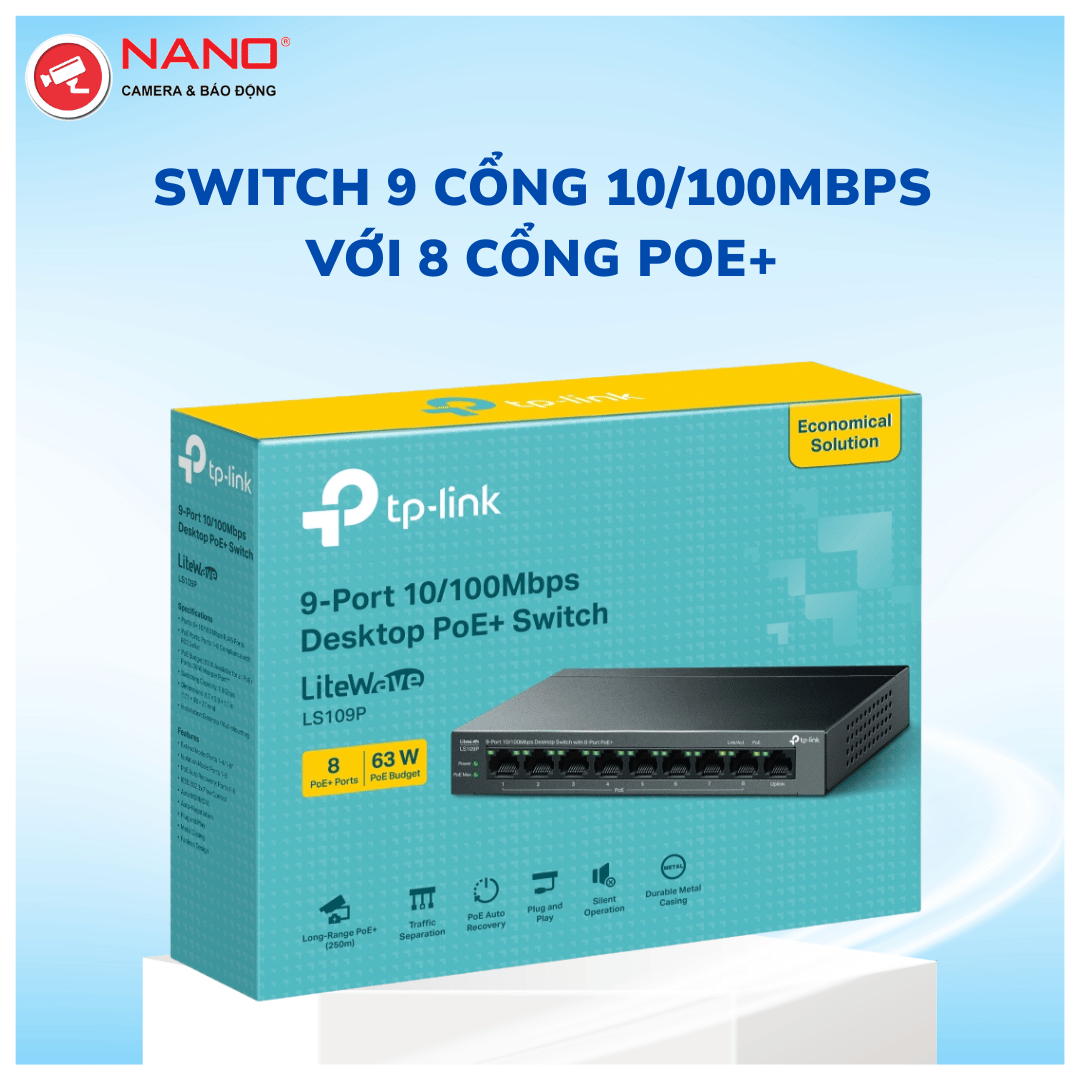 Switch Để Bàn 9 Cổng 10100Mbps với 8 Cổng PoE+